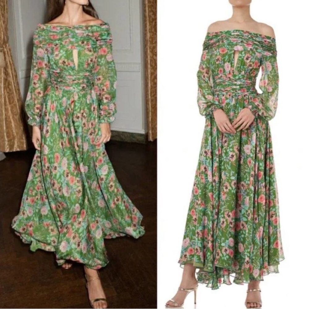 Amur Raven Off-The-Shoulder Green Floral Dress
